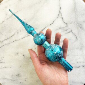 Vintage Blue Aqua 8.5" Glass Christmas Tree Topper Flocking Feather Tree Small